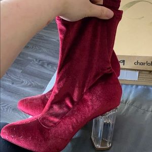 Red. Velvet clear heels